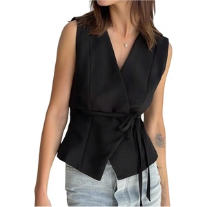 image:imageMakeMeChic Womens Wrap Blouse Vest Sleeveless Blazer  Tie SideV NeckBeltedElegant Office ShirtBusiness Casual TopBlack