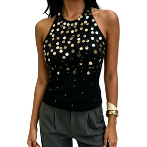 image:imageMakeMeChic Womens Y2K Sequin Halter Tank Top Going Out Sparkly Knit Cami Shirts Summer Sexy Sleeveless TopsDark Black