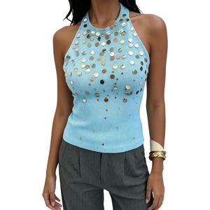 image:imageMakeMeChic Womens Y2K Sequin Halter Tank Top Going Out Sparkly Knit Cami Shirts Summer Sexy Sleeveless TopsLight Blue