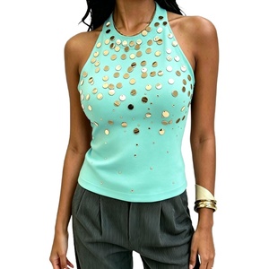 image:imageMakeMeChic Womens Y2K Sequin Halter Tank Top Going Out Sparkly Knit Cami Shirts Summer Sexy Sleeveless TopsMint Blue