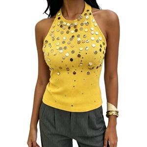 image:imageMakeMeChic Womens Y2K Sequin Halter Tank Top Going Out Sparkly Knit Cami Shirts Summer Sexy Sleeveless TopsYellow