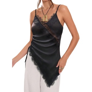 image:imageMakeMeChic Womens Y2K Summer Satin Floral Lace Cami Top Spaghetti Strap Sleeveless Tank TopsBlack