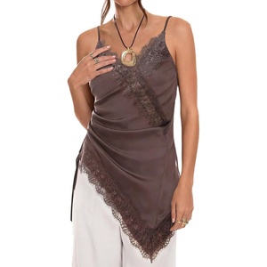 image:imageMakeMeChic Womens Y2K Summer Satin Floral Lace Cami Top Spaghetti Strap Sleeveless Tank TopsMocha Brown