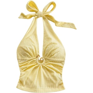 image:imageMakeMeChic Womens Y2k Deep V Neck Halter Crop Top Metal Decor Tie Backless Summer TopsLight Yellow
