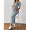 image:imageMakeMeChic Womens Maternity Baby Shower Dress Square Neck Bodycon Dresses  Summer Pregnant Photoshoot Outfits Split  Long Maxi Casual Going OutBlue