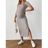 image:imageMakeMeChic Womens Maternity Baby Shower Dress Square Neck Bodycon Dresses  Summer Pregnant Photoshoot Outfits Split  Long Maxi Casual Going OutKhaki