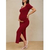 image:imageMakeMeChic Womens Maternity Baby Shower Dress Square Neck Bodycon Dresses  Summer Pregnant Photoshoot Outfits Split  Long Maxi Casual Going OutRed