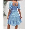 image:imageMakeMeChic Womens Maternity Baby Shower Dress Summer Vacation Sundress  Floral Print Puff Short Sleeve Smocked Ruffle Backless Boho Beach Cute Mini DressesBlue Daisy