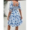 image:imageMakeMeChic Womens Maternity Baby Shower Dress Summer Vacation Sundress  Floral Print Puff Short Sleeve Smocked Ruffle Backless Boho Beach Cute Mini DressesBlue and White