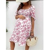 image:imageMakeMeChic Womens Maternity Baby Shower Dress Summer Vacation Sundress  Floral Print Puff Short Sleeve Smocked Ruffle Backless Boho Beach Cute Mini DressesPink a