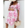 image:imageMakeMeChic Womens Maternity Baby Shower Dress Summer Vacation Sundress  Floral Print Puff Short Sleeve Smocked Ruffle Backless Boho Beach Cute Mini DressesPink Floral B
