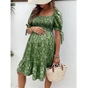 image:imageMakeMeChic Womens Maternity Baby Shower Dress Summer Vacation Sundress  Floral Print Puff Short Sleeve Smocked Ruffle Backless Boho Beach Cute Mini DressesGreen Daisy