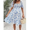 image:imageMakeMeChic Womens Maternity Baby Shower Dress Summer Vacation Sundress  Floral Print Puff Short Sleeve Smocked Ruffle Backless Boho Beach Cute Mini DressesBlue