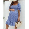image:imageMakeMeChic Womens Maternity Baby Shower Dress Summer Vacation Sundress  Floral Print Puff Short Sleeve Smocked Ruffle Backless Boho Beach Cute Mini DressesGrid Blue