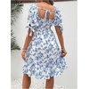 image:imageMakeMeChic Womens Maternity Baby Shower Dress Summer Vacation Sundress  Floral Print Puff Short Sleeve Smocked Ruffle Backless Boho Beach Cute Mini DressesBlue