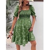 image:imageMakeMeChic Womens Maternity Baby Shower Dress Summer Vacation Sundress  Floral Print Puff Short Sleeve Smocked Ruffle Backless Boho Beach Cute Mini DressesGreen Daisy