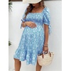 image:imageMakeMeChic Womens Maternity Baby Shower Dress Summer Vacation Sundress  Floral Print Puff Short Sleeve Smocked Ruffle Backless Boho Beach Cute Mini DressesBlue Daisy