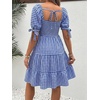 image:imageMakeMeChic Womens Maternity Baby Shower Dress Summer Vacation Sundress  Floral Print Puff Short Sleeve Smocked Ruffle Backless Boho Beach Cute Mini DressesGrid Blue