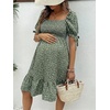 image:imageMakeMeChic Womens Maternity Baby Shower Dress Summer Vacation Sundress  Floral Print Puff Short Sleeve Smocked Ruffle Backless Boho Beach Cute Mini DressesGreen