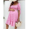 image:imageMakeMeChic Womens Maternity Baby Shower Dress Summer Vacation Sundress  Floral Print Puff Short Sleeve Smocked Ruffle Backless Boho Beach Cute Mini DressesPink Daisy