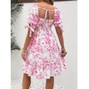 image:imageMakeMeChic Womens Maternity Baby Shower Dress Summer Vacation Sundress  Floral Print Puff Short Sleeve Smocked Ruffle Backless Boho Beach Cute Mini DressesPink Floral B