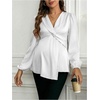 image:imageMakeMeChic Womens Maternity Blouse Work Clothes Pregnancy Twisted V Neck Lantern Sleeve Peplum TopsWhite