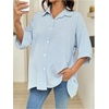 image:imageMakeMeChic Womens Maternity Blouses Striped Half Sleeve Oversized Pregnancy Casual Button Down ShirtBlue