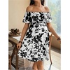 image:imageMakeMeChic Womens Maternity Dress Floral Off The Shoulder Ruffle Short Sleeve Flowy DressesBlack and White