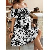 image:imageMakeMeChic Womens Maternity Dress Floral Off The Shoulder Ruffle Short Sleeve Flowy DressesBlack and White