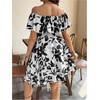 image:imageMakeMeChic Womens Maternity Dress Floral Off The Shoulder Ruffle Short Sleeve Flowy DressesBlack and White