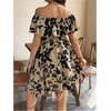image:imageMakeMeChic Womens Maternity Dress Floral Off The Shoulder Ruffle Short Sleeve Flowy DressesKhaki