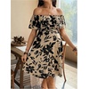 image:imageMakeMeChic Womens Maternity Dress Floral Off The Shoulder Ruffle Short Sleeve Flowy DressesKhaki
