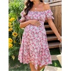 image:imageMakeMeChic Womens Maternity Dress Floral Square Neck Puff Sleeve Flowy Pregnancy Summer DressesPink