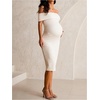 image:imageMakeMeChic Womens Maternity Dress Off The Shoulder Knit Short Sleeve Bodycon Pregnancy Midi DressesBeige