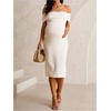 image:imageMakeMeChic Womens Maternity Dress Off The Shoulder Knit Short Sleeve Bodycon Pregnancy Midi DressesBeige