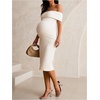 image:imageMakeMeChic Womens Maternity Dress Off The Shoulder Knit Short Sleeve Bodycon Pregnancy Midi DressesBeige