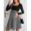 image:imageMakeMeChic Womens Maternity Dress Plaid Square Neck Long Sleeve Belted Pregnancy Mini DressBlack and White