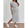 image:imageMakeMeChic Womens Maternity Dress Striped Tie Front Crew Neck Cap Sleeve Pregnancy Midi DressesBlack and White