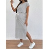 image:imageMakeMeChic Womens Maternity Dress Striped Tie Front Crew Neck Cap Sleeve Pregnancy Midi DressesBlack and White