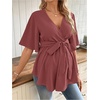image:imageMakeMeChic Womens Maternity Nursing Blouse V Neck Wrap Ruffle Short Sleeve Belted Pregnancy Shirt Business Work TopsPink