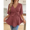 image:imageMakeMeChic Womens Maternity Nursing Blouse V Neck Wrap Ruffle Short Sleeve Belted Pregnancy Shirt Business Work TopsPink