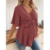 image:imageMakeMeChic Womens Maternity Nursing Blouse V Neck Wrap Ruffle Short Sleeve Belted Pregnancy Shirt Business Work TopsPink