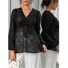 image:imageMakeMeChic Womens Maternity Peplum Tops Sheer Tie Knot V Neck Lantern Sleeve Pregnancy BlouseBlack
