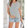 image:imageMakeMeChic Womens Maternity Work Knit Tops Nursing Short Sleeve Tees  Summer Pregnancy T Shirt Textured Crew NeckBlue and White