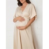 image:imageMakeMeChic Womens V Neck Maternity Dress Short Flared Sleeve Elastic Waist Ruched Pregnancy Maxi DressesKhaki
