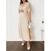 image:imageMakeMeChic Womens V Neck Maternity Dress Short Flared Sleeve Elastic Waist Ruched Pregnancy Maxi DressesKhaki