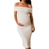 image:imageMakeMeChic Womens Maternity Dress Off The Shoulder Knit Short Sleeve Bodycon Pregnancy Midi DressesBeige