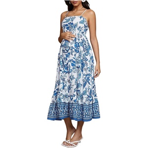 image:imageMAKEMECHIC Womens Summer Boho Maternity Dress Floral Flowy Beach Maxi Long SundressBlue and White