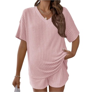 image:imageMakeMeChic Womens Maternity 2 Piece Sets Summer Rib Knit Top and Short  Mama ClothesLoungeShort Sleeve Tee ShirtPregnancy PajamasBump Friendly OutfitsPink