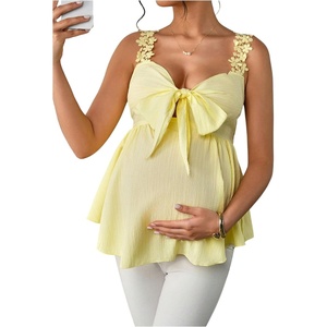 image:imageMakeMeChic Womens Maternity Blouse Bow Floral Lace Backless Sleeveless Shirred Boho Pregnancy Peplum TopsYellow